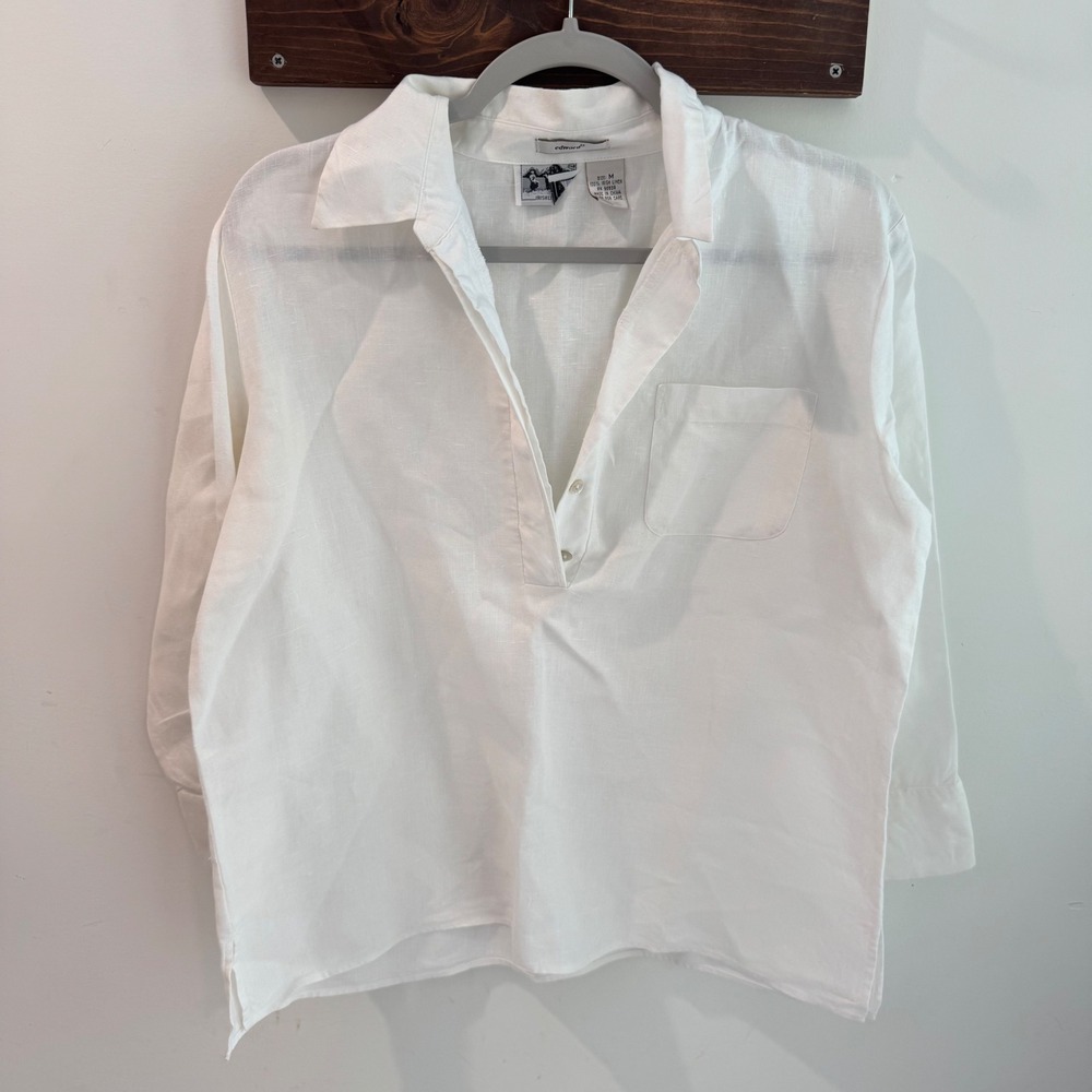 Edward White 100% Irish Linen Long Sleeve Popover Top Medium Button Up Pocket